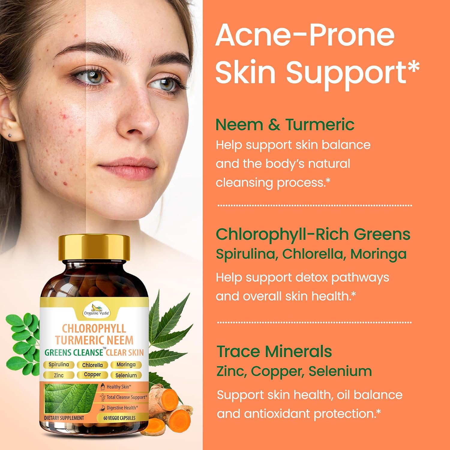 Organic Veda Chlorophyll Turmeric Neem - Suplemento para Piel Limpia con Zinc y Cobre, 60 Cápsulas