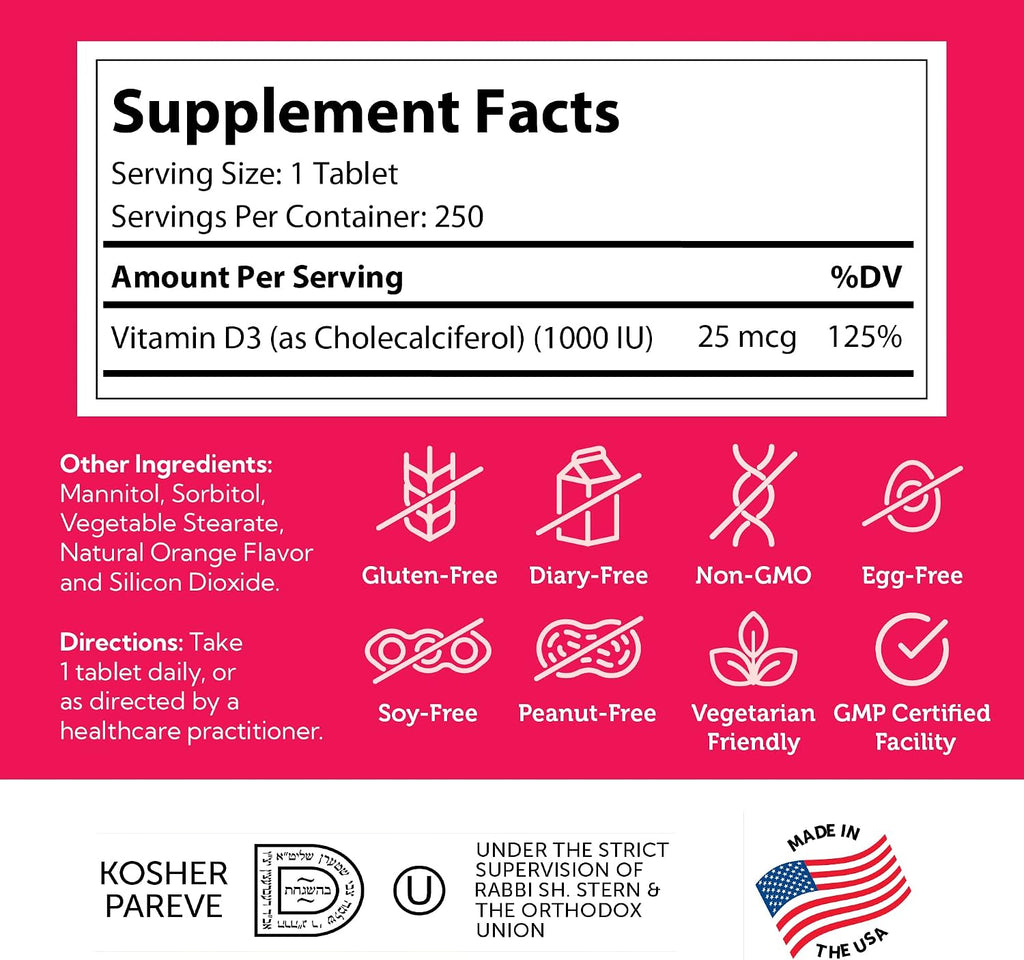 Zahler Junior D3 Vitamins 1000 IU - Vitamina D3 masticable para niños, sabor naranja, 250 comprimidos