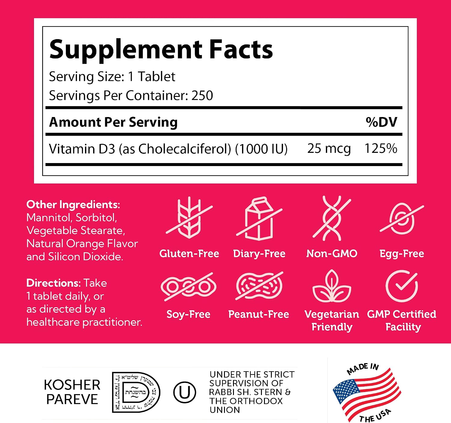 Zahler Junior D3 Vitamins 1000 IU - Vitamina D3 masticable para niños, sabor naranja, 250 comprimidos