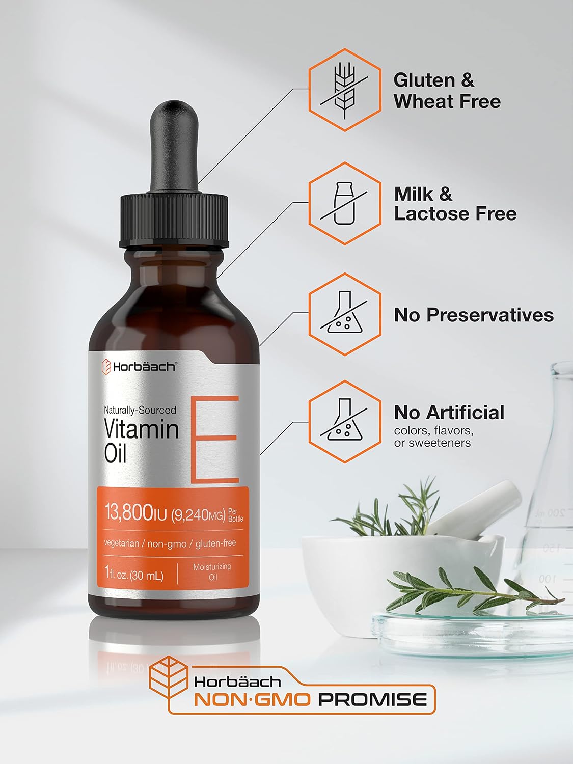 Horbäach Aceite de Vitamina E, 13,800 UI, 28 ml (1 oz) - Suplemento Líquido Natural, Vegetariano, Sin OGM y Sin Gluten