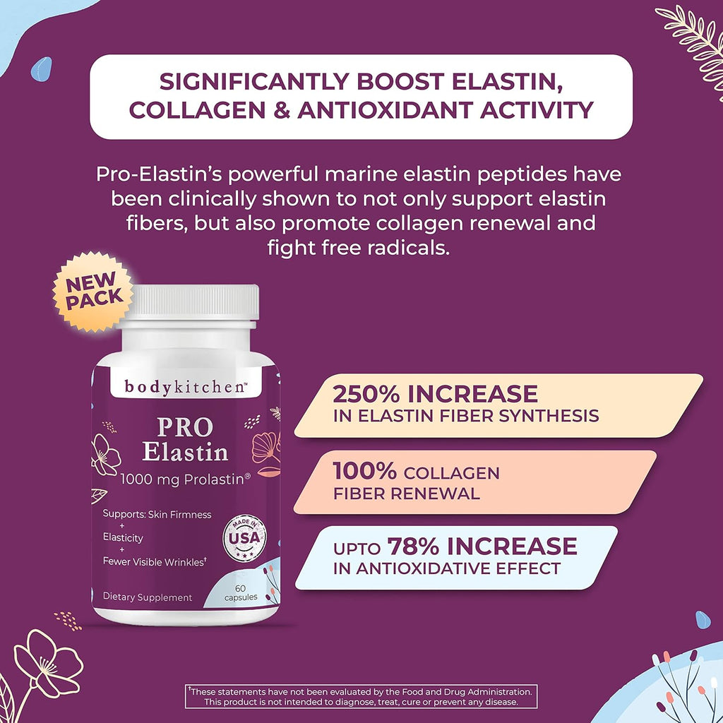 Body Kitchen Pro Elastin Peptides 1000mg – Péptidos de Elastina Marinos para la Firmeza y Elasticidad de la Piel, 180 Cápsulas