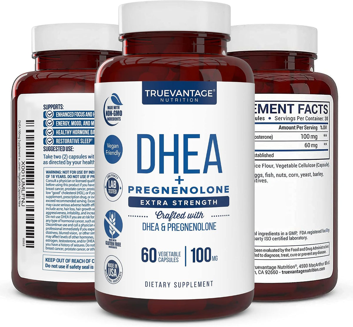 Truevantage DHEA 100mg con Pregnenolona 60mg – Pregnenolona (60 mg): Conocida como la "hormona madre", esencial – Image 6
