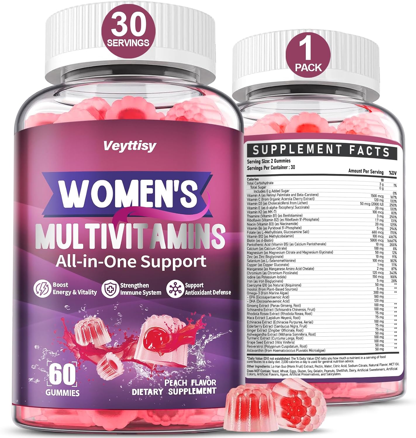 Veyttisy Multivitamínico Metilado Gummy para Mujer - Gominolas Multivitamínicas con Vitaminas A, C, D, E, Folato Metilado, Biotina, Complejo B, Hierro, CoQ10, Inositol - 120 uds