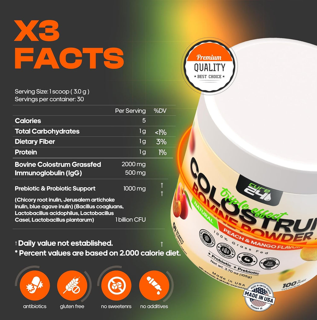 Cure24 Bovine Colostrum X3 - Calostro Bovino en Polvo, Sabor Melocotón Mango, 100% Puro y Natural