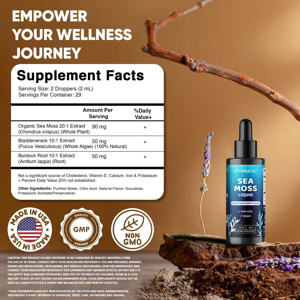 Vitamatic Liquid Organic Irish Sea Moss con Fucus y Raíz de Bardana - 2800 mg por ración - 60 ml