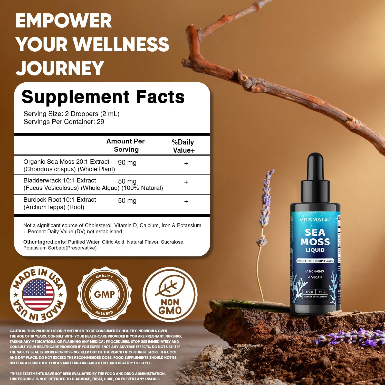 Vitamatic Liquid Organic Irish Sea Moss con Fucus y Raíz de Bardana - 2800 mg por ración - 60 ml