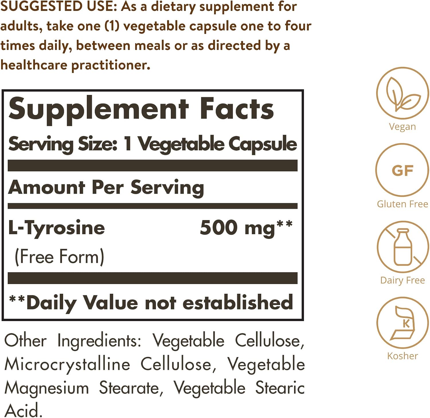 Solgar L-Tirosina 500 mg - 100 Cápsulas Vegetales - Apoyo al Sistema Nervioso - Vegano, Sin Gluten, Sin Lácteos, Kosher