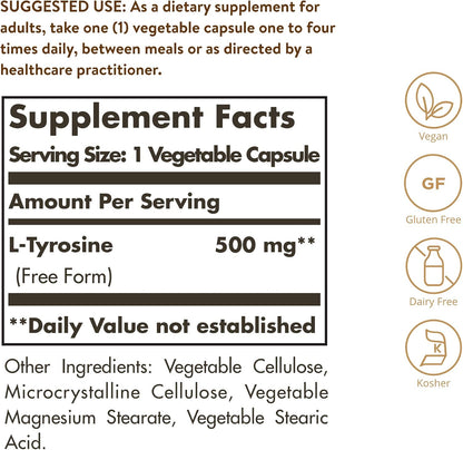 Solgar L-Tirosina 500 mg - 100 Cápsulas Vegetales - Apoyo al Sistema Nervioso - Vegano, Sin Gluten, Sin Lácteos, Kosher – Image 2