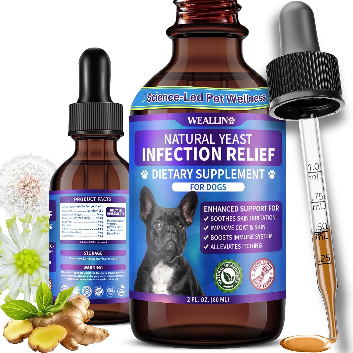 Tratamiento Natural contra Levaduras para Perros | Gotas con Probióticos y Mezcla de 8 Hierbas | Apoya Piel, Oídos y Alivio de Alergias | Sabor a Bacon
