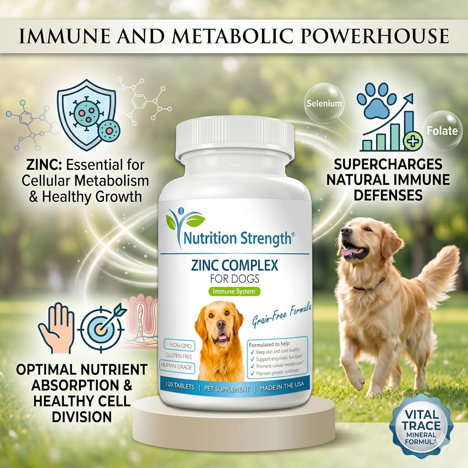 Nutrition Strength Zinc para Perros - Apoyo a la Piel y el Pelaje, Crecimiento Normal, Función Inmune y Metabolismo Celular, con Biotina, Folato, Selenio y Vitamina E, 120 Comprimidos Masticables