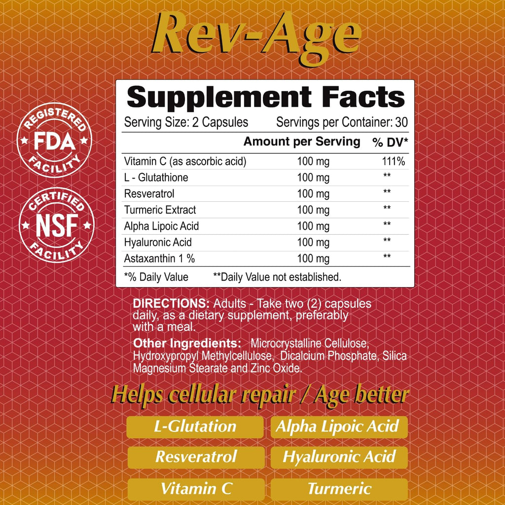 Rev-Age Suplemento de Reparación Celular con Vitamina C, Resveratrol y Astaxantina - 60 Cápsulas