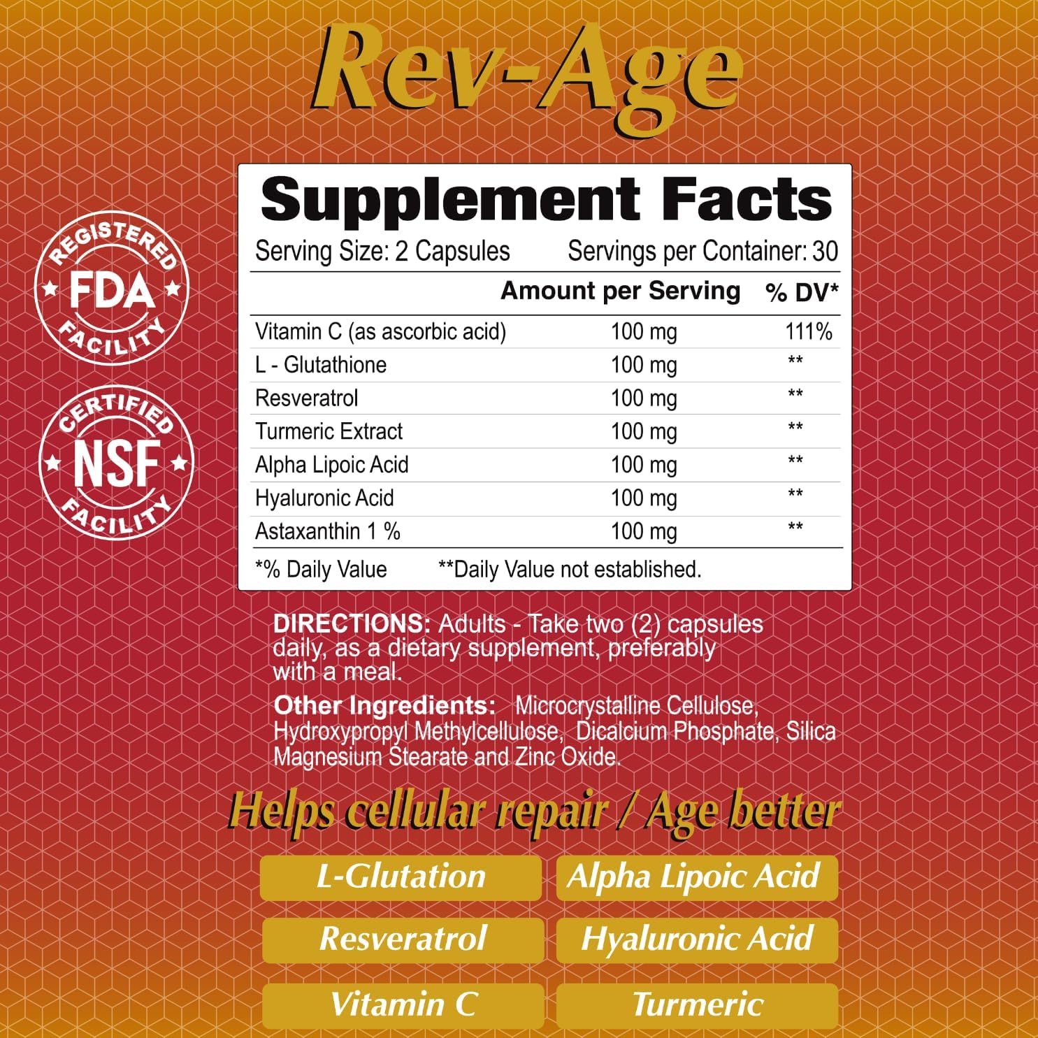 Rev-Age Suplemento de Reparación Celular con Vitamina C, Resveratrol y Astaxantina - 60 Cápsulas