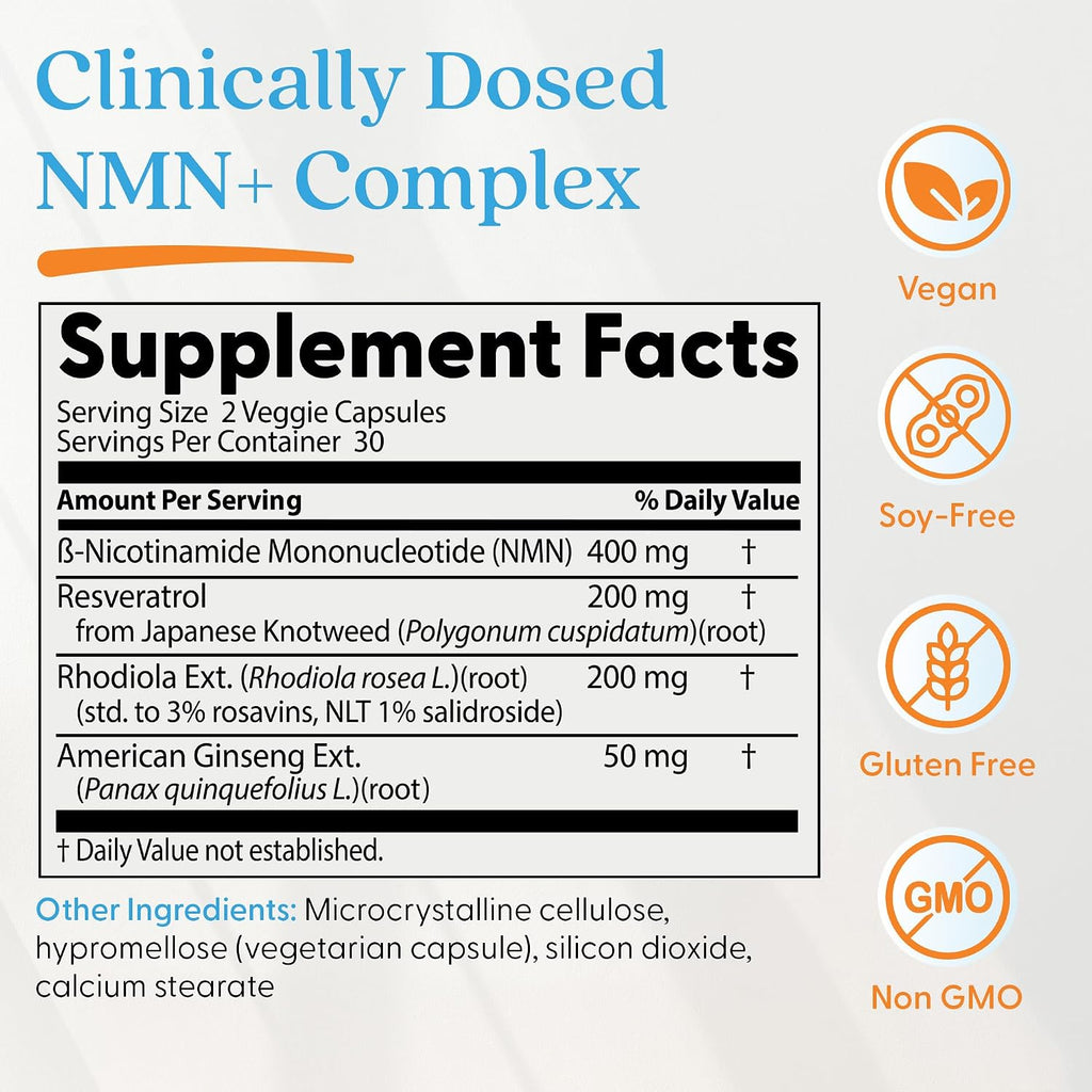 Doctor's Best NMN+ Complex - Suplemento con NMN, Resveratrol, Rodiola y Ginseng - 60 Cápsulas Veganas