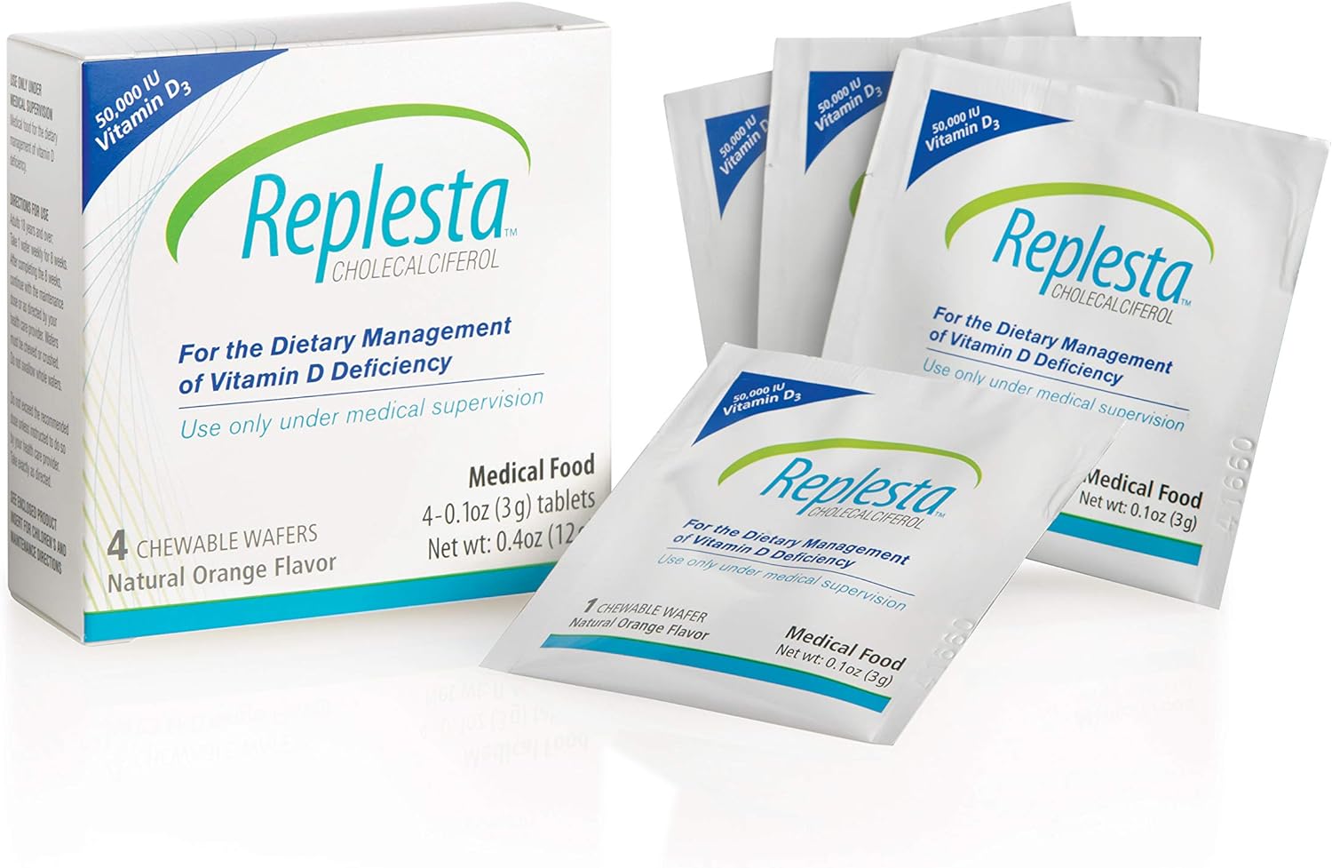 Replesta 50,000 IU Vitamina D3 (Colecalciferol) - Comprimidos Masticables Semanales Sabor Naranja - 8 Unidades
