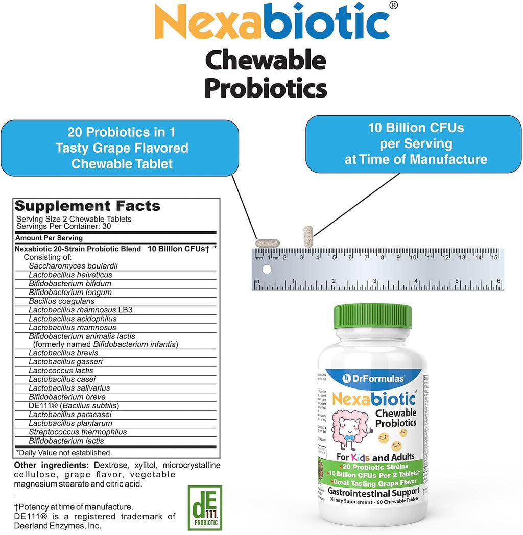 DrFormulas Probióticos Masticables para Niños y Adultos - 20 Cepas para Salud Oral y Digestión - 60 Comprimidos