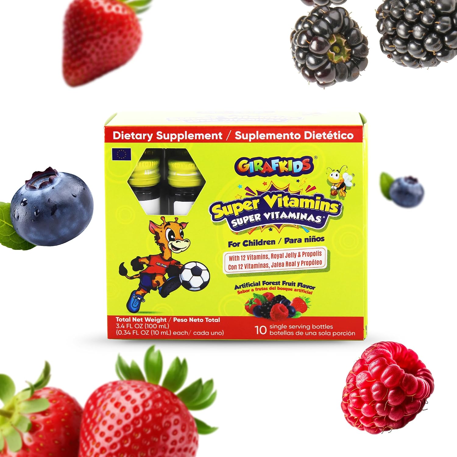 GirafKids Super Vitamins - Multivitamínico infantil con jalea real y propóleo - 10 viales sabor frutas del bosque