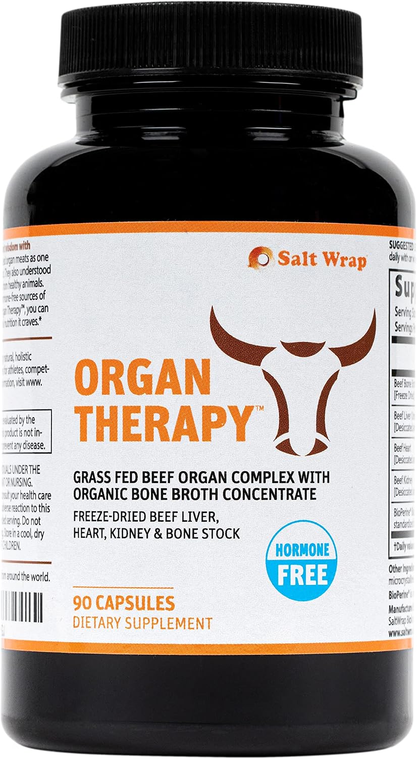 SaltWrap Organ Therapy - Complejo de Órganos de Res Alimentados con Pasto con Caldo de Huesos Orgánico (90 Cápsulas)