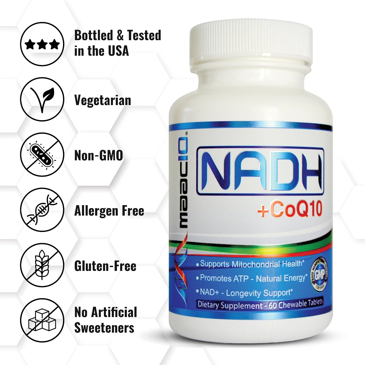 MAAC10 NADH + CoQ10 – 60 Comprimidos Masticables | 50mg NADH PANMOL® + 100mg CoQ10 | Energía y Enfoque Mental