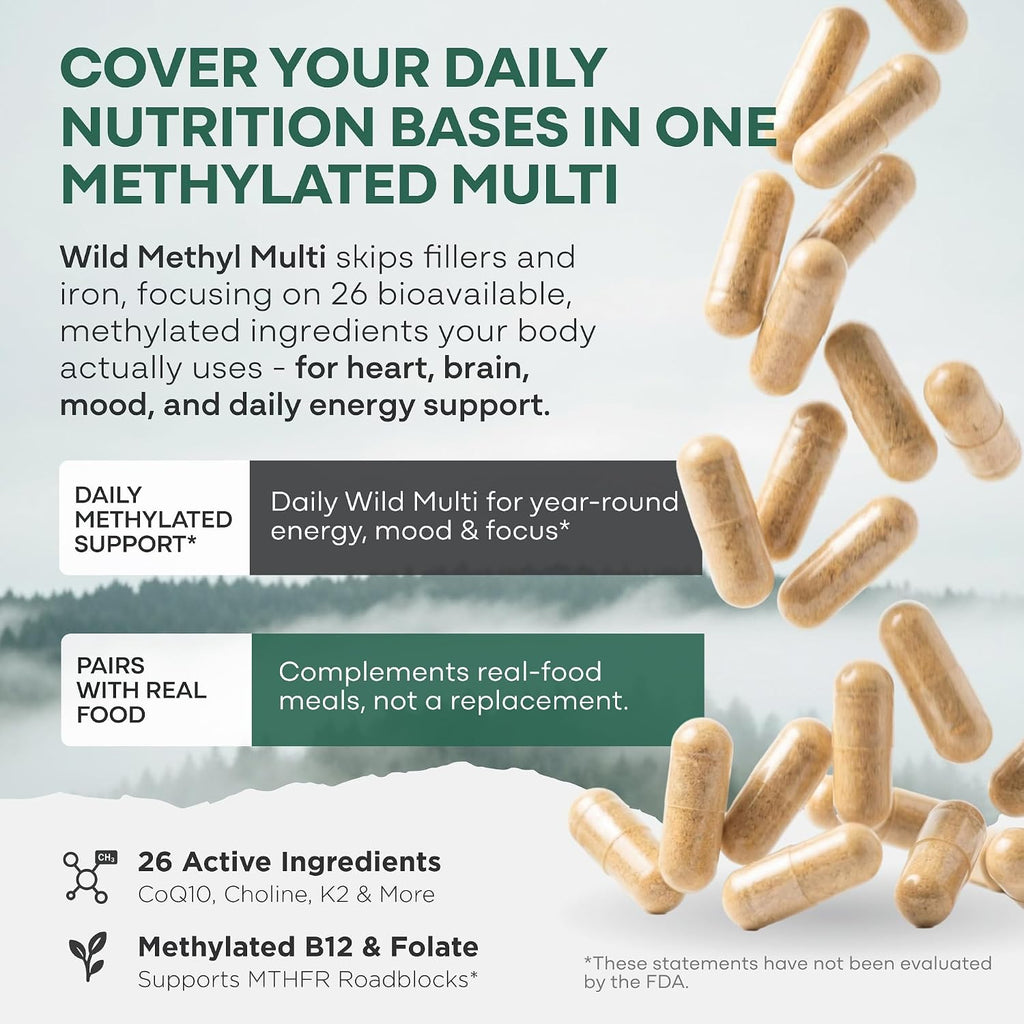 Wild Methylated Multivitamin for Women & Men | Multivitamínico Diario Metilado Sin Hierro | 60 Cápsulas