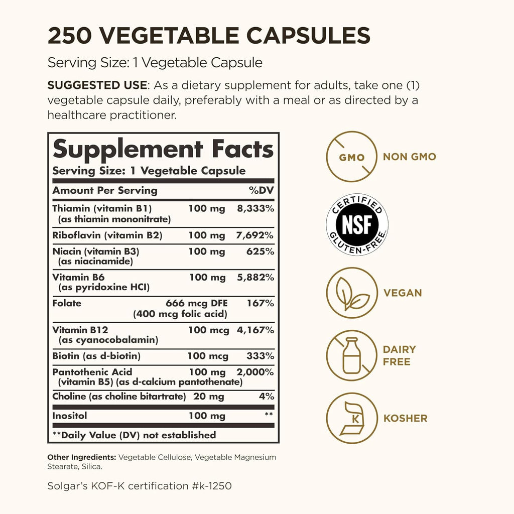 Solgar B-Complex '100' - 250 Cápsulas Vegetales - Complejo B para Energía y Sistema Nervioso