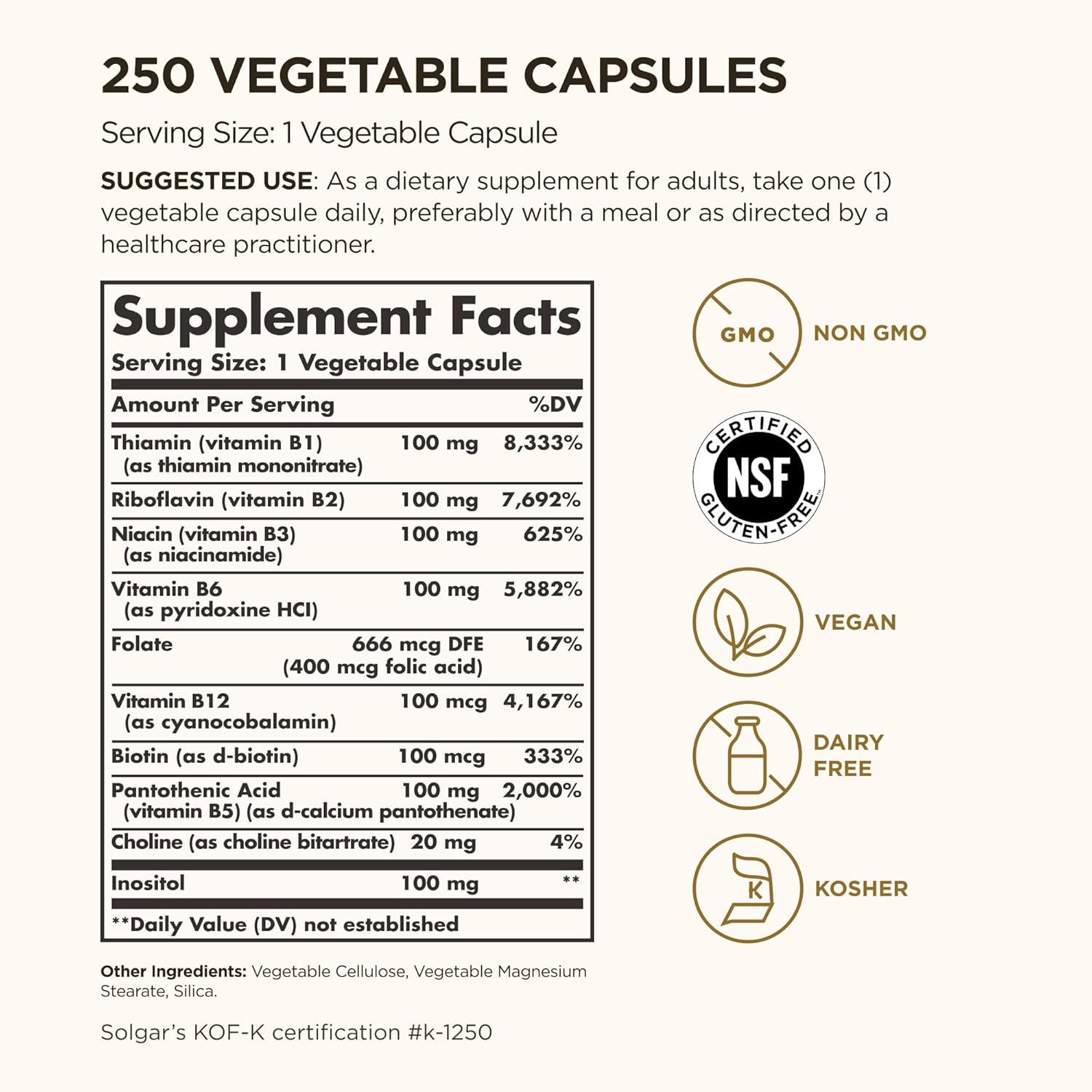 Solgar B-Complex '100' - 250 Cápsulas Vegetales - Complejo B para Energía y Sistema Nervioso