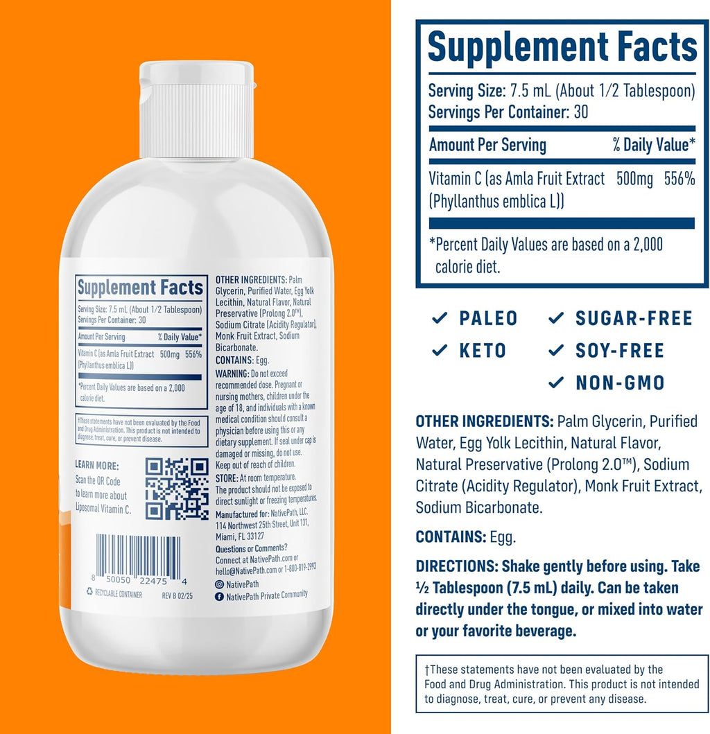 NativePath Vitamina C Liposomal 500 mg con Amla – Líquido Sabor Naranja, 30 Dosis