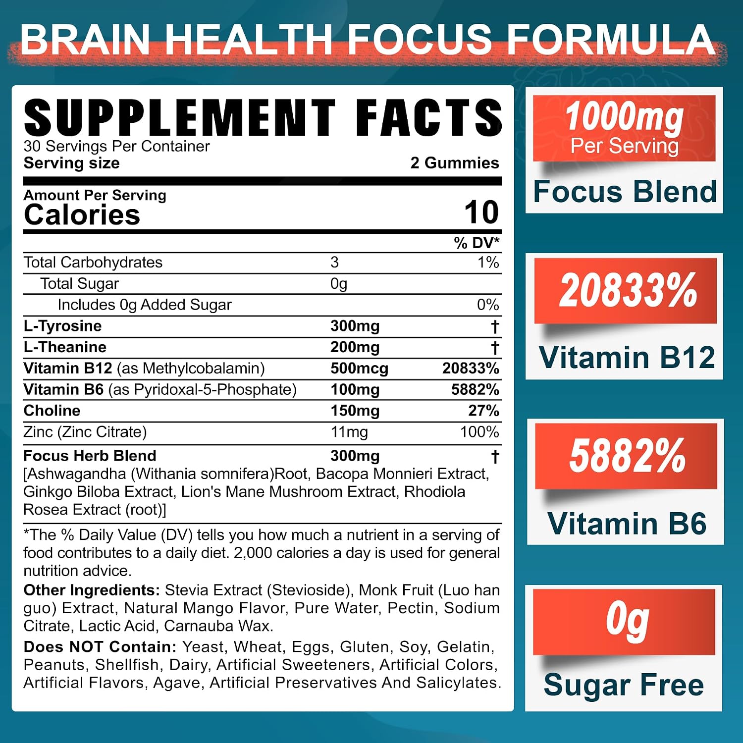 NEVISS Gominolas Brain Focus Sin Azúcar - L-Tirosina 300mg, L-Teanina 200mg, Vitamina B6 100mg, B12 500mcg, Ginkgo Biloba, Rhodiola Rosea, Lion's Mane - 1 Pack