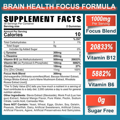 NEVISS Gominolas Brain Focus Sin Azúcar - L-Tirosina 300mg, L-Teanina 200mg, Vitamina B6 100mg, B12 500mcg, Ginkgo Biloba, Rhodiola Rosea, Lion's Mane - 1 Pack