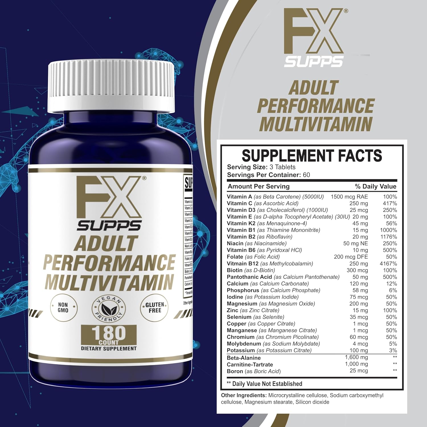 FXSUPPS Performance Multi-Vitamin con Aminoácidos, Beta-Alanina y L-Carnitina, 180 Comprimidos