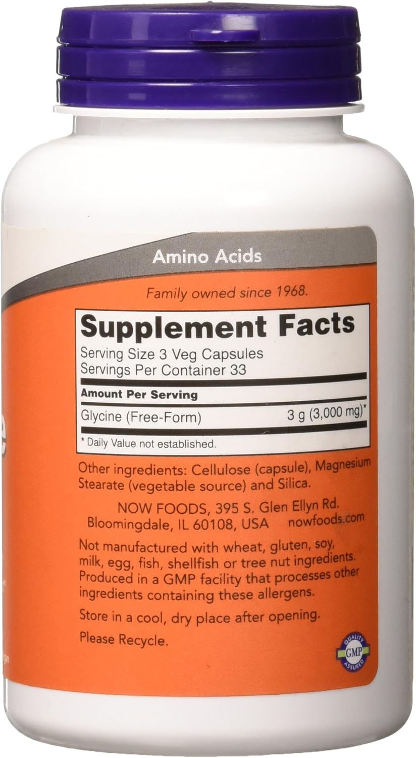 NOW Foods Glycine 1000 mg 100 Capsules - Pharmaceutical Grade Amino Acid