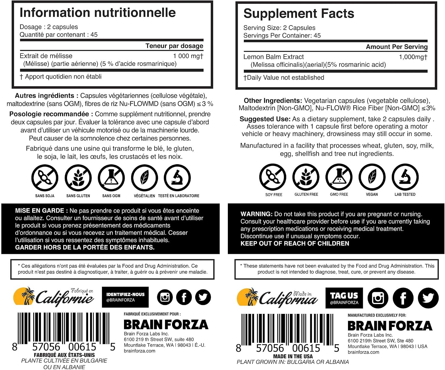 Brain Forza Lemon Balm Extract R5 - 90 Capsules (5% Rosmarinic Acid)