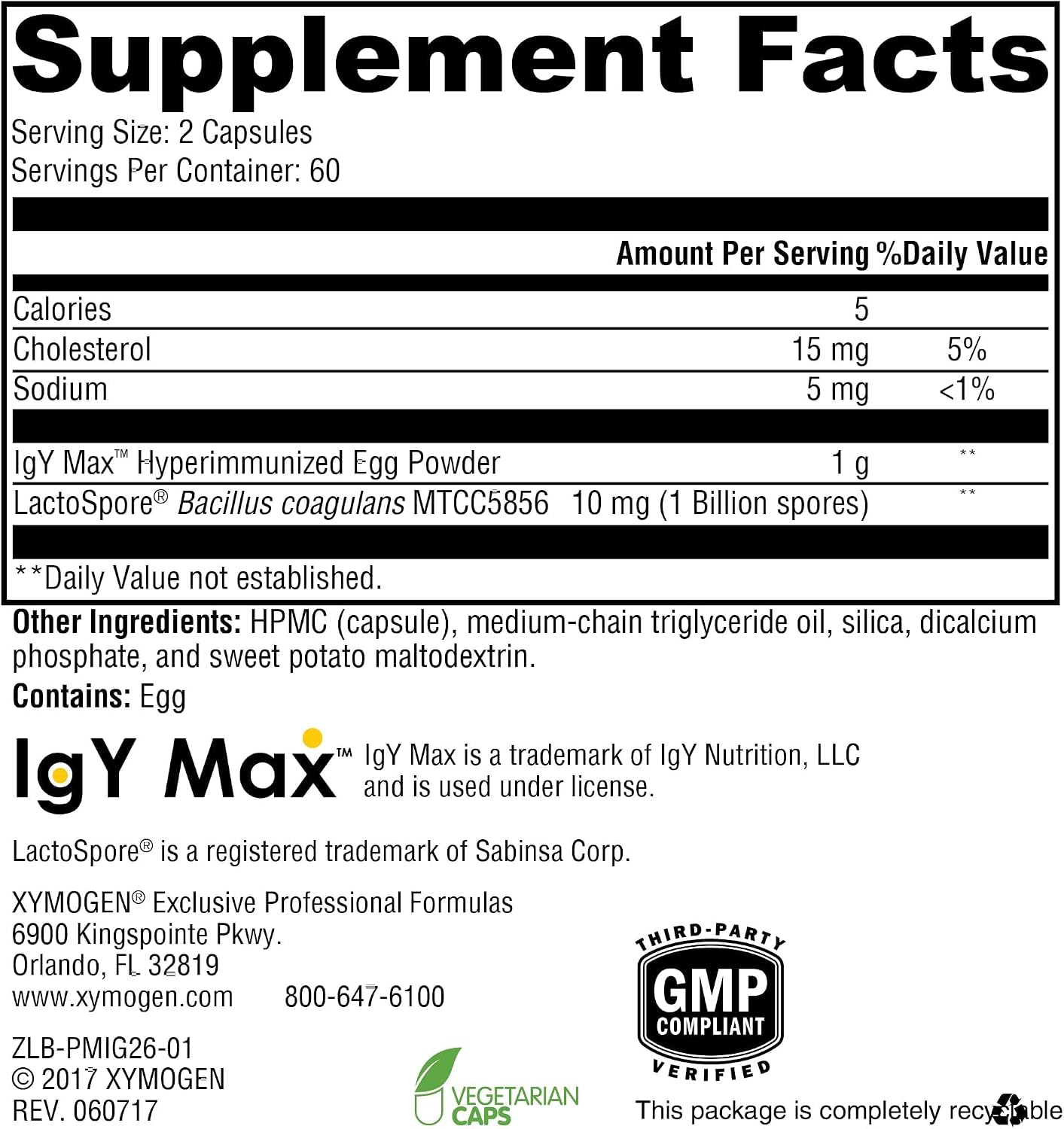 XYMOGEN ProbioMax IG 26 - Polvo de huevo inmunizado y Bacillus coagulans - 120 cápsulas