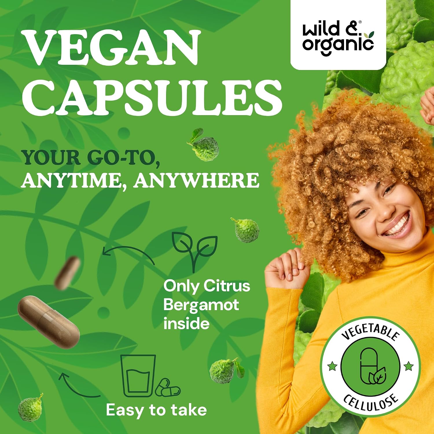 Wild & Organic Cápsulas de Bergamota Cítrica - Antioxidante y Apoyo General - Extracto de Citrus Bergamia - Vegano, Sin Rellenos, No GMO - 180 Cápsulas
