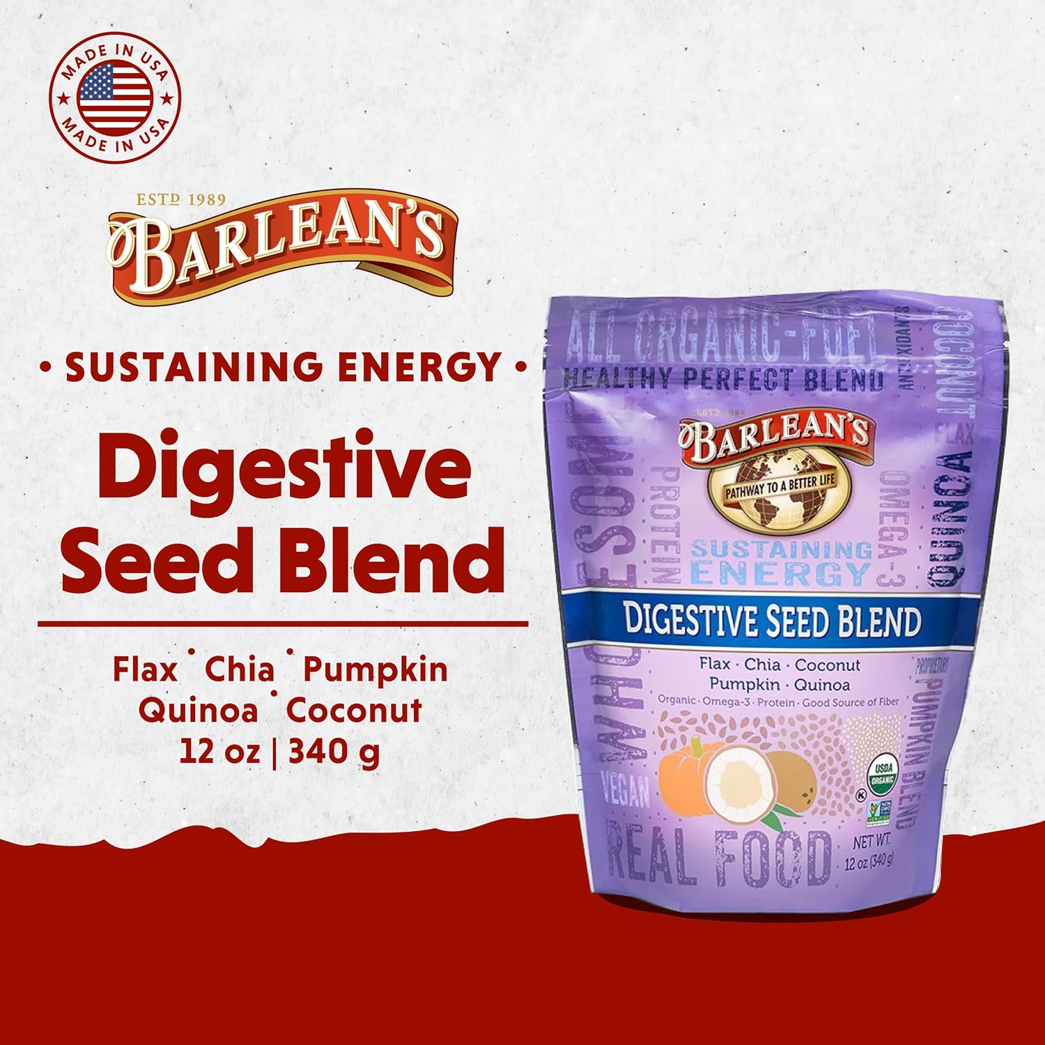 Barlean's Organic Digestive Seed Blend with Chia, Flax, Pumpkin, Quinoa & Coconut, Rich in Omega 3 & Fiber, 340 g