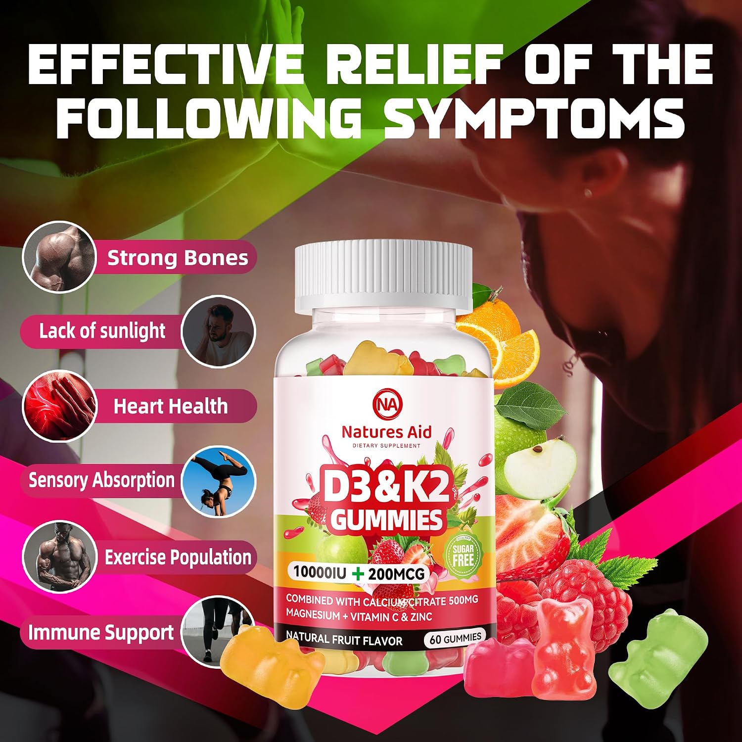 Natures Aid Gominolas de Vitamina D3 y K2 sin Azúcar con Calcio, Magnesio, Vitamina C y Zinc - 60 Gominolas Veganas