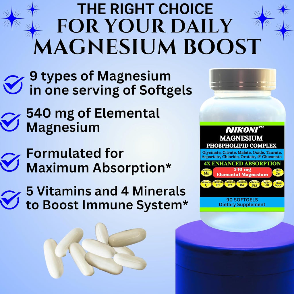 Nikoni Phospholipid Magnesium Complex 2500mg (9 Sales de Magnesio, 5 Vitaminas y 3 Minerales) (180 Cápsulas Blandas)