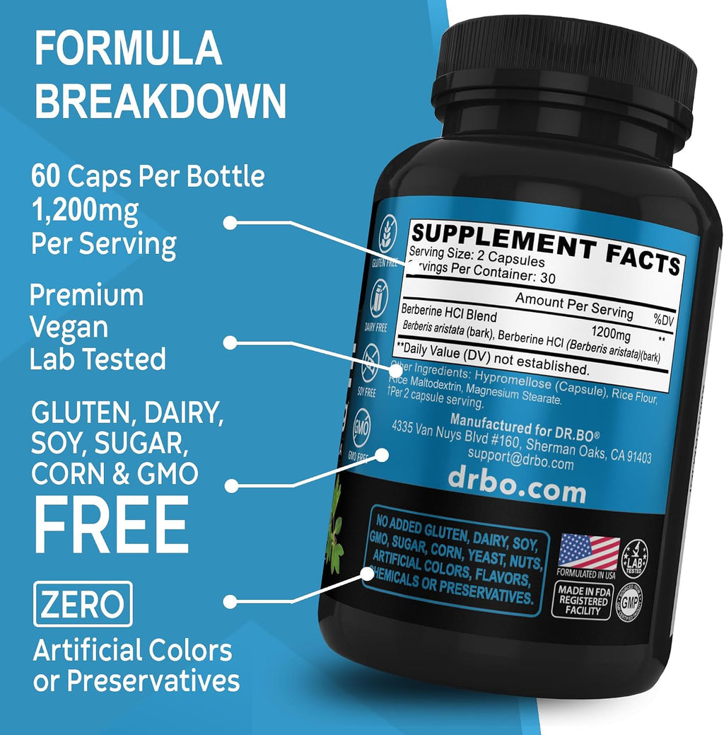 Berberina 1200mg Cápsulas - Suplemento de Berberina HCL - Apoyo Metabólico Saludable - 60 Comprimidos