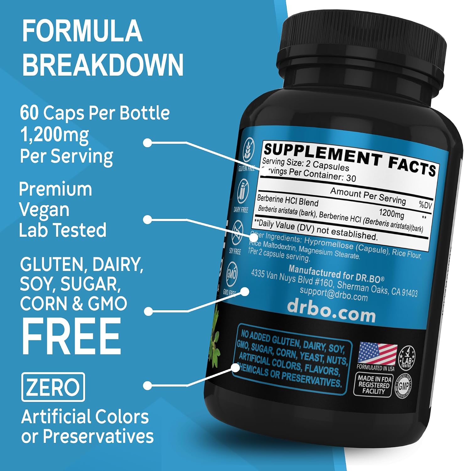 Berberina 1200mg Cápsulas - Suplemento de Berberina HCL - Apoyo Metabólico Saludable - 60 Comprimidos