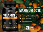 Zeal Naturals Vitamina C con Escaramujo 1000 mg - Ácido Ascórbico Puro - 120 Cápsulas