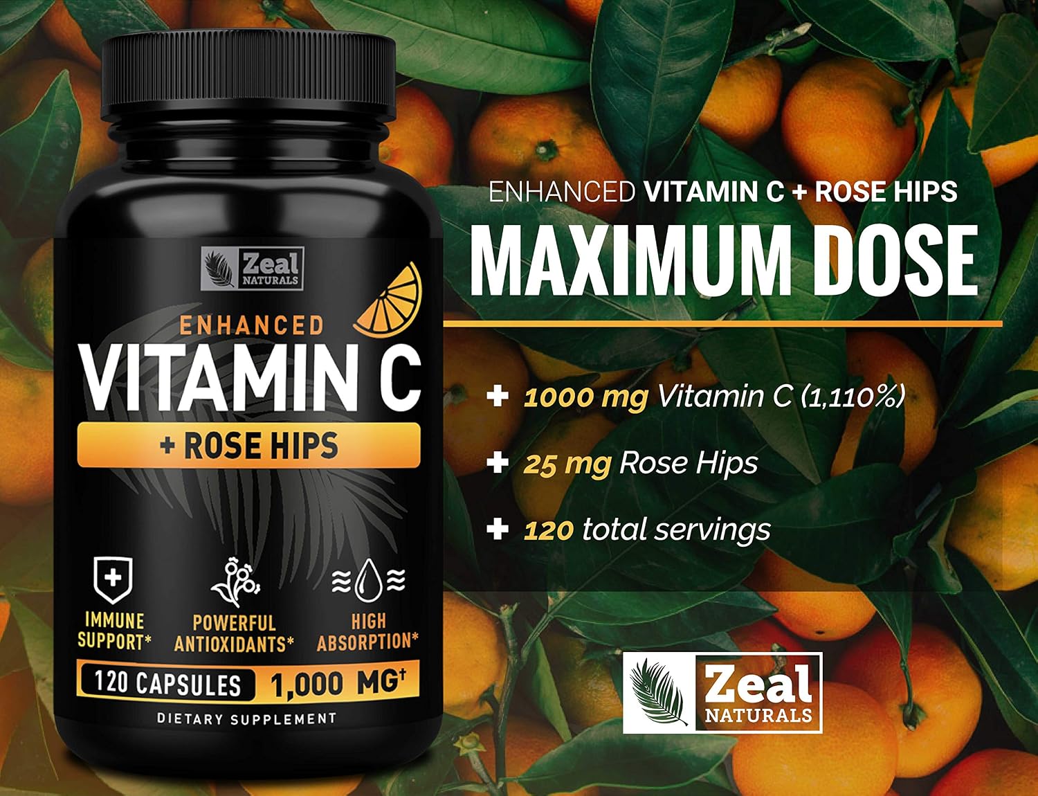 Zeal Naturals Vitamina C con Escaramujo 1000 mg - Ácido Ascórbico Puro - 120 Cápsulas