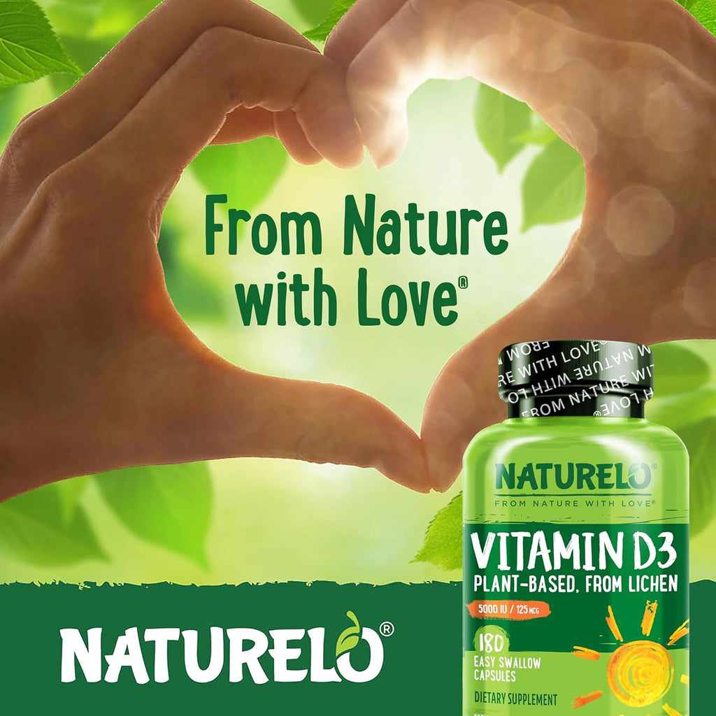 NATURELO Vitamina D3 5000 UI - Vegana a base de Liquen - 180 Cápsulas