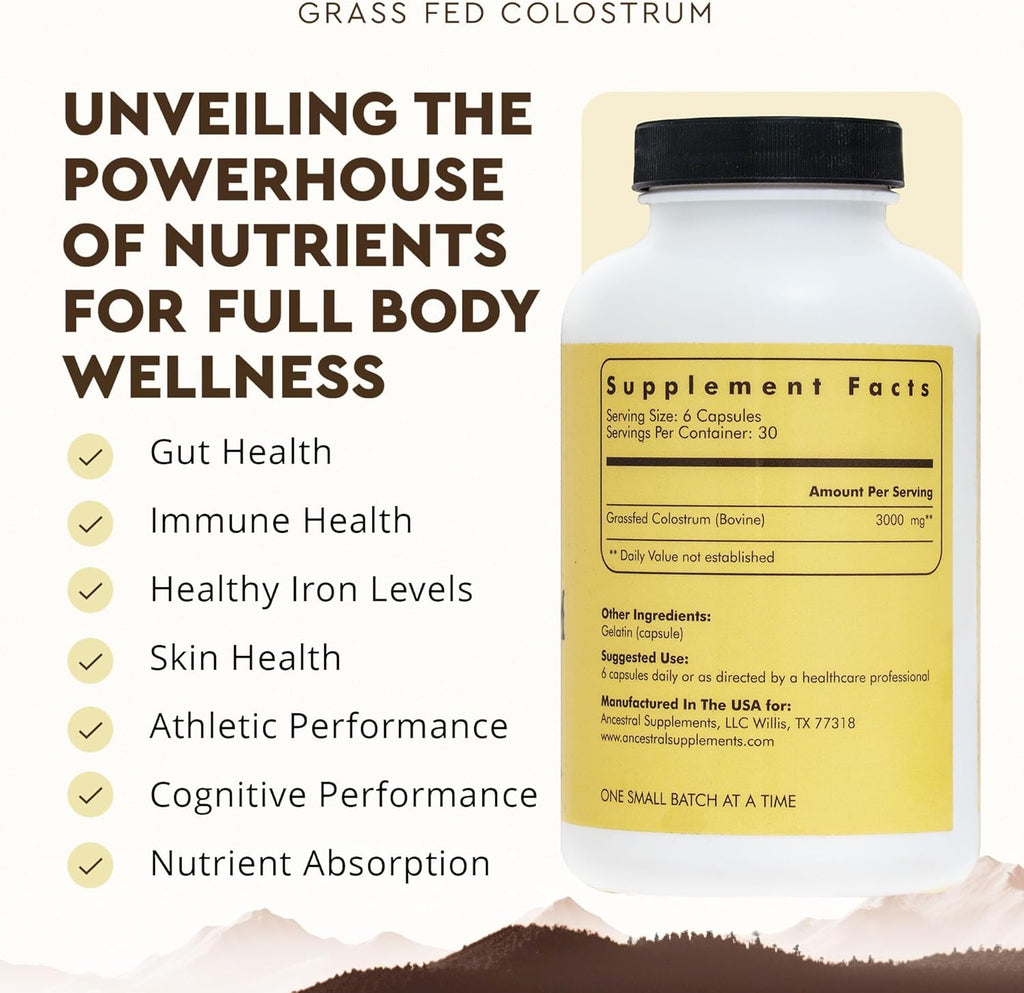 Ancestral Supplements Suplemento de Calostro Bovino Grass Fed, 3000 mg, 180 Cápsulas