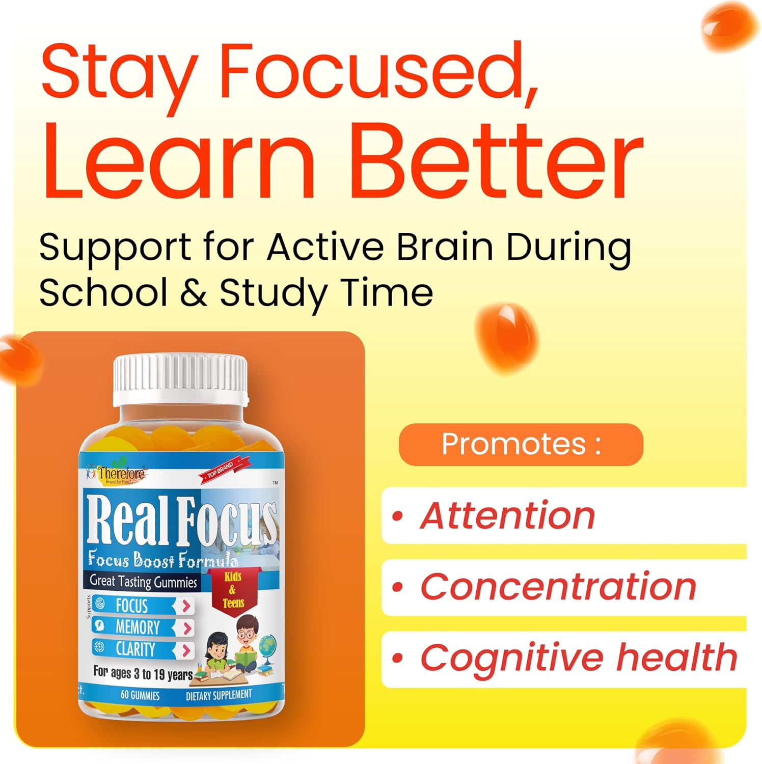 Real Focus Omega 3 for Kids - Gominolas de DHA con sabor a naranja - 60 unidades