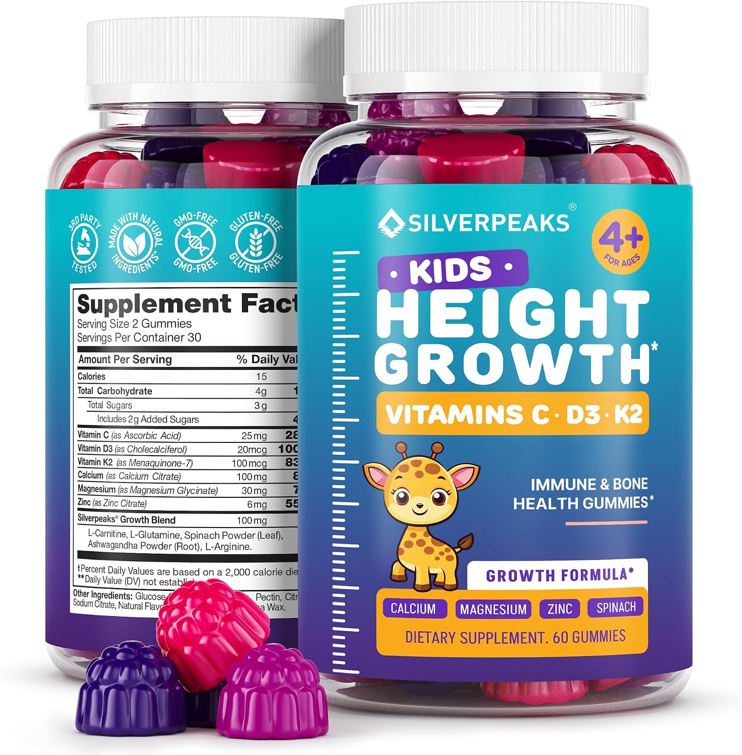 SILVERPEAKS Gomitas de Crecimiento para Niños – Complemento Multivitamínico con Calcio y Vitamina D – 60 Ud.