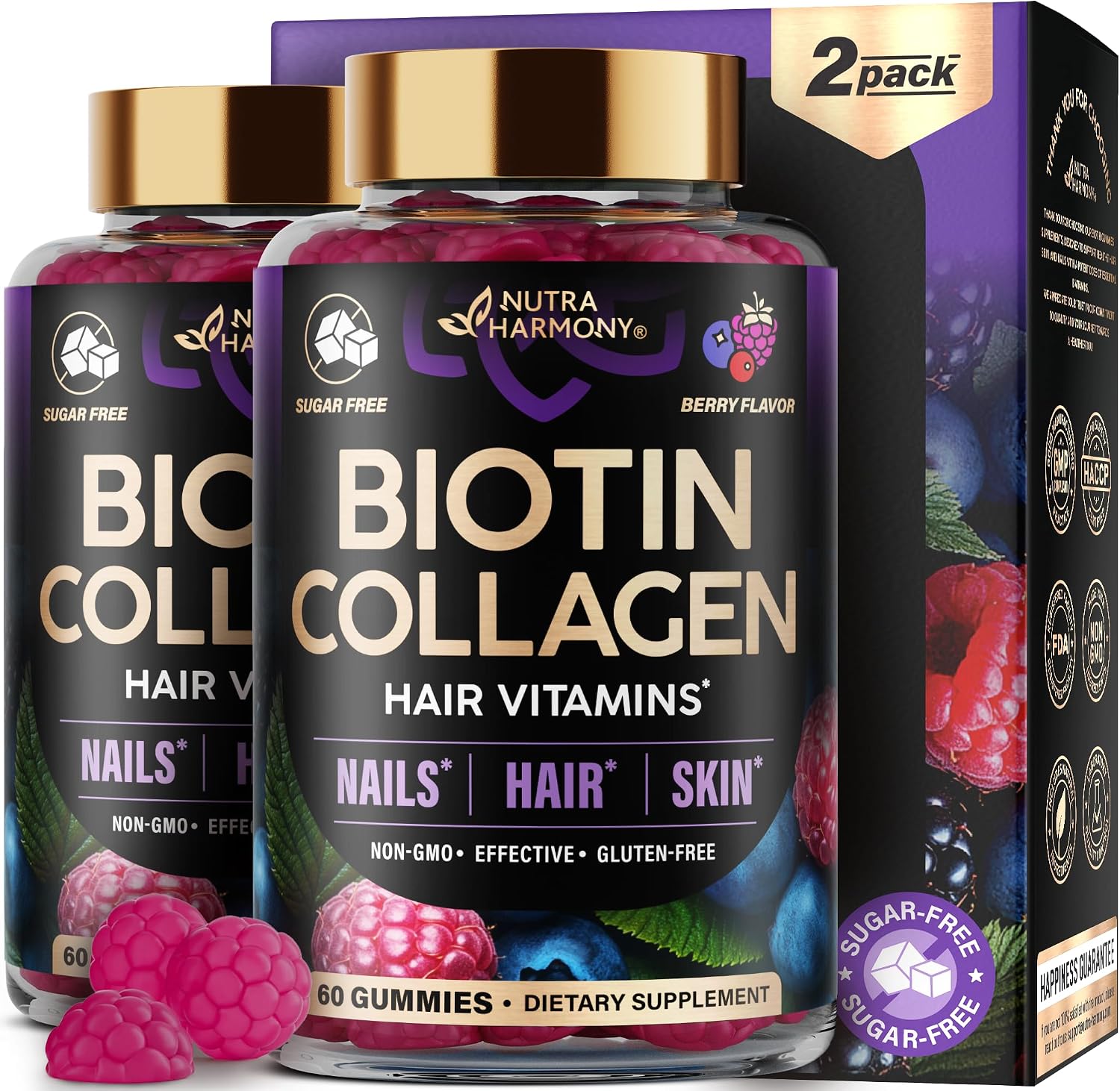 Gominolas de Biotina y Colágeno - Apoyo para Cabello, Piel y Uñas - 10000mcg - Sin Azúcar - Pack de 2