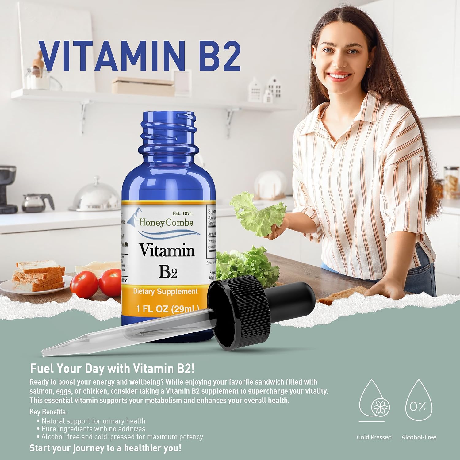 HoneyCombs Gotas de Alta Potencia de Vitamina B1 (Tiamina) y B2 (Riboflavina) - Sin Alcohol, Fácil Absorción