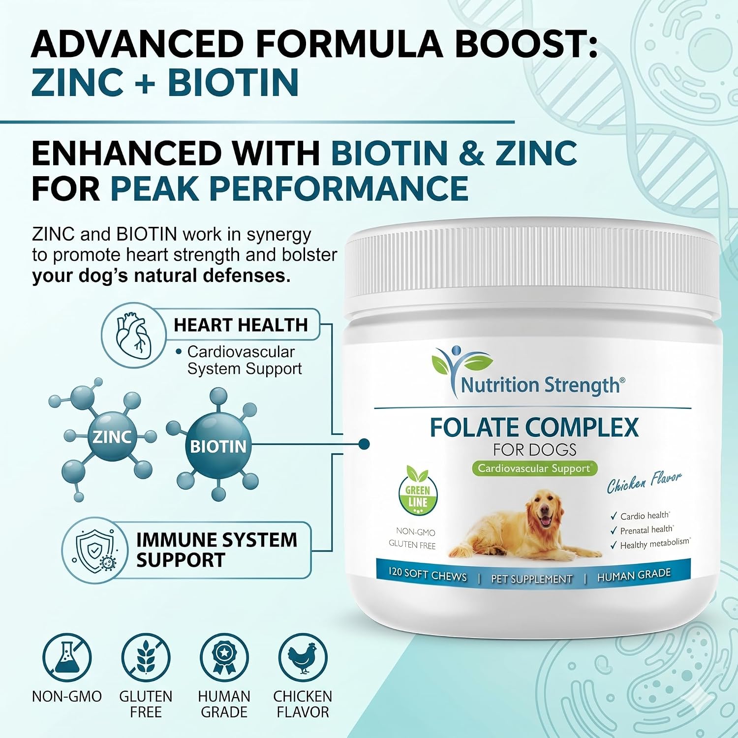 Folate para perros para promover la salud cardiovascular y prenatal, apoyar la síntesis de ADN y el mantenimiento celular, ácido fólico para perros con zinc, biotina, hierro y vitamina B12, 120 masticables blandos