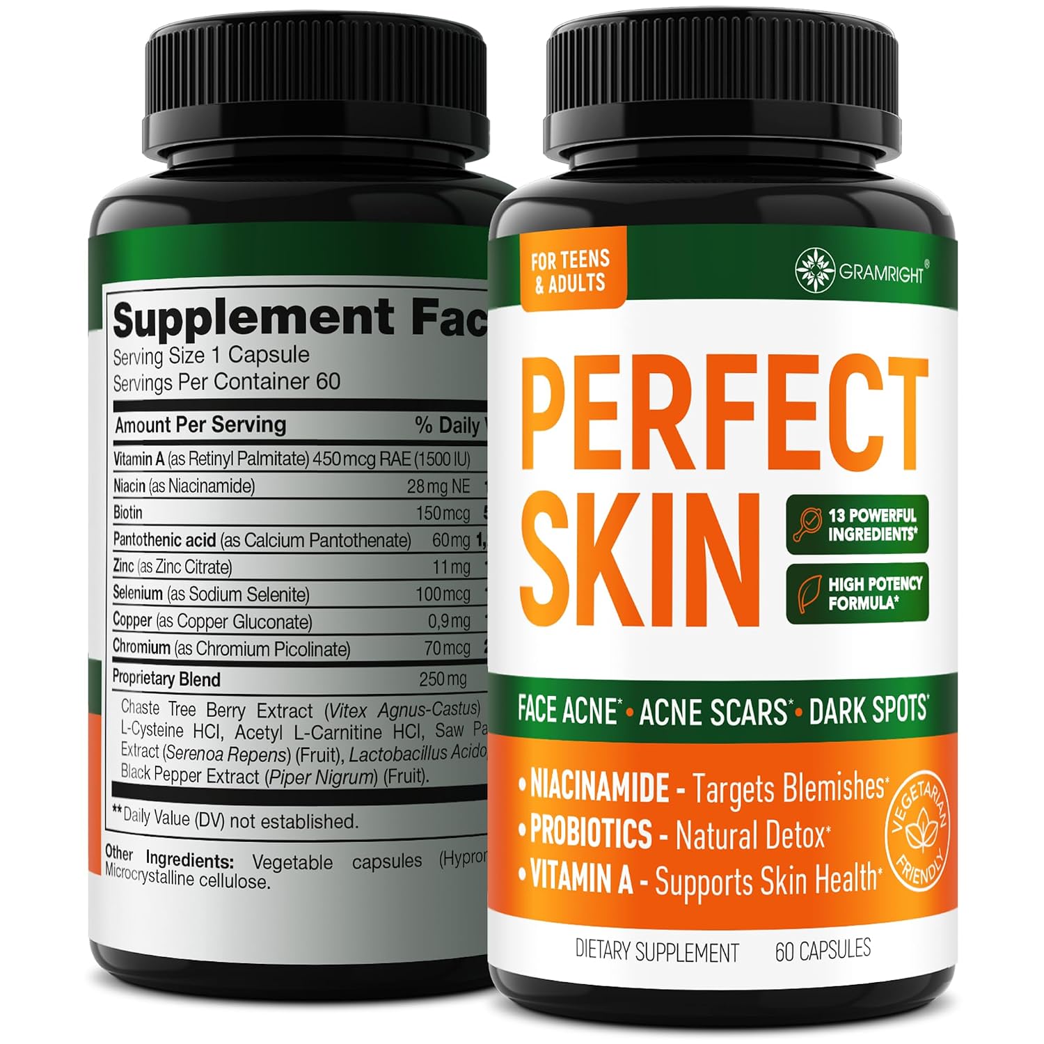 Perfect Skin Acne Pills - Suplemento Antiacné con Niacinamida, Probiótico, Zinc y Vitamina A - 60 Cápsulas