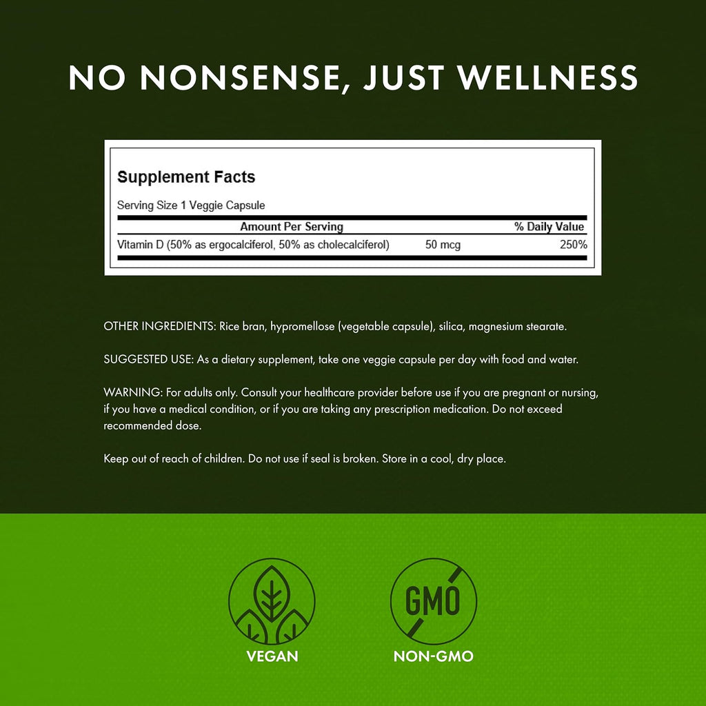 Swanson D2 & D3-2,000 IU - Complemento para la salud ósea y dental - Apoyo inmunológico - Favorece la absorción de calcio - No transgénico - 60 cápsulas vegetales (Paquete de 3)