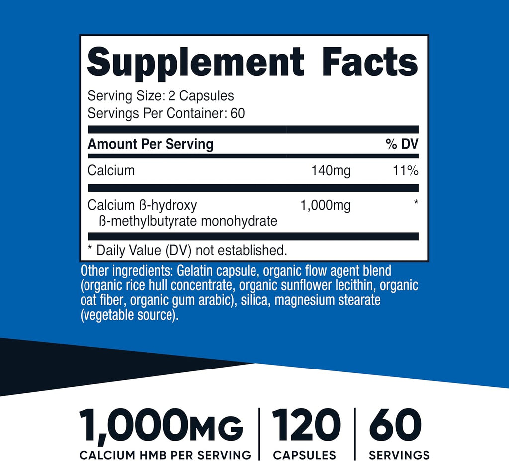 Nutricost HMB (Beta-Hidroxi Beta-Metilbutirato) 1000mg - 120 Cápsulas